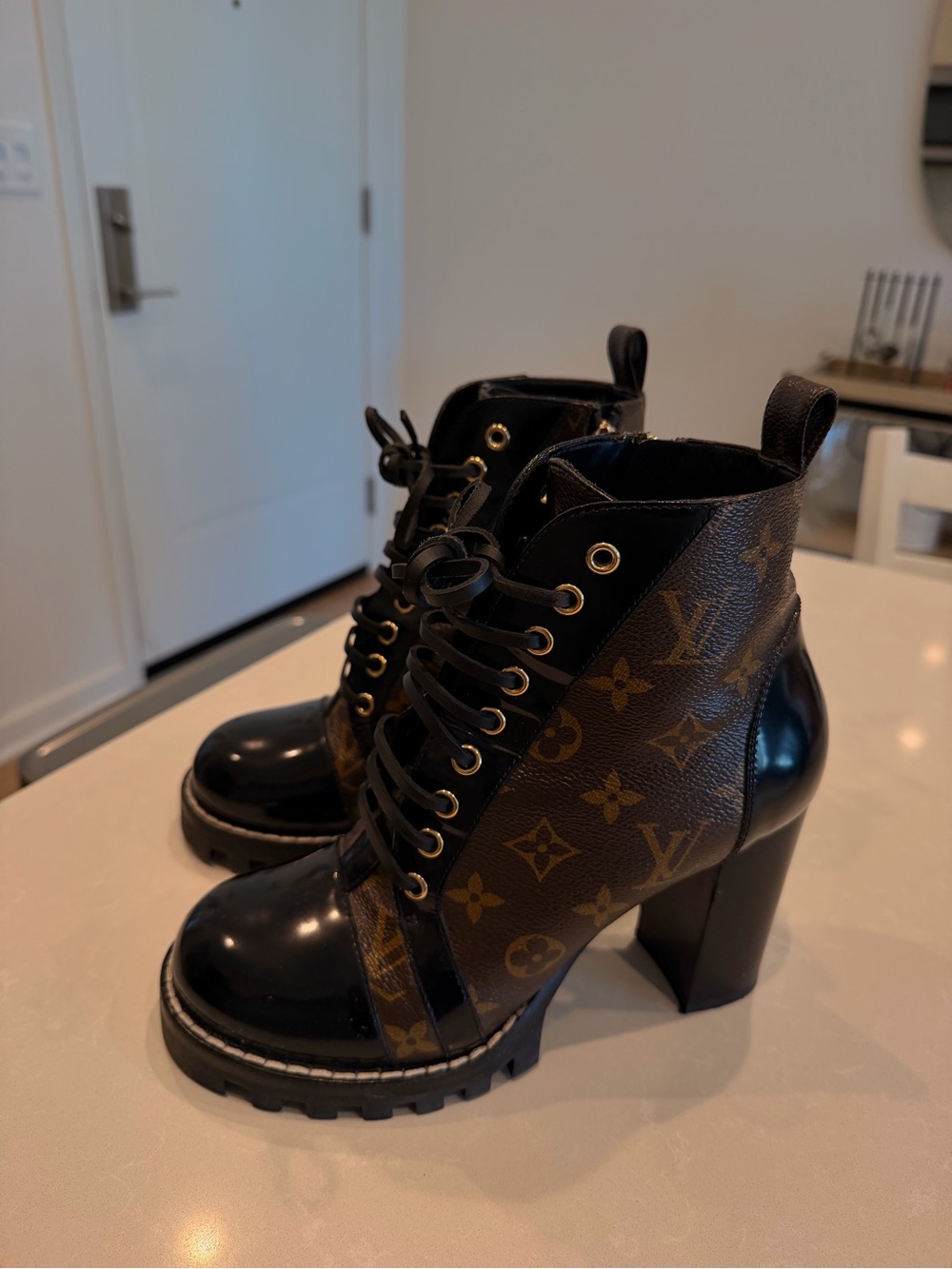 Louis Vuitton Black and Brown Monogram Lace-Up Block Heel Boots